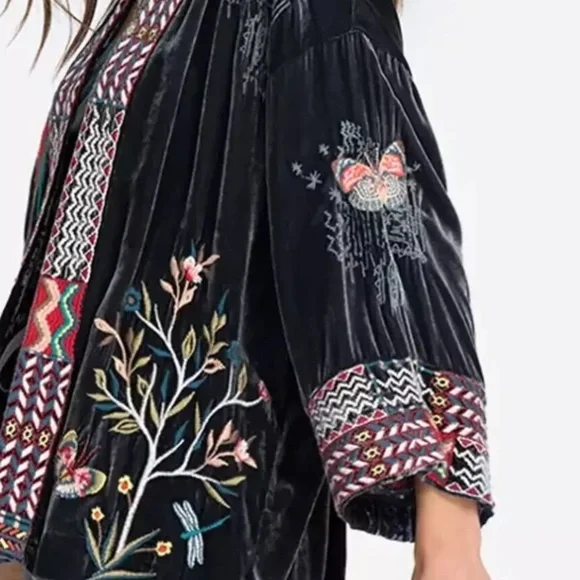 Johnny Was Gen Boho Velvet Floral Embroidered Kimono Jacket Jasper NWT